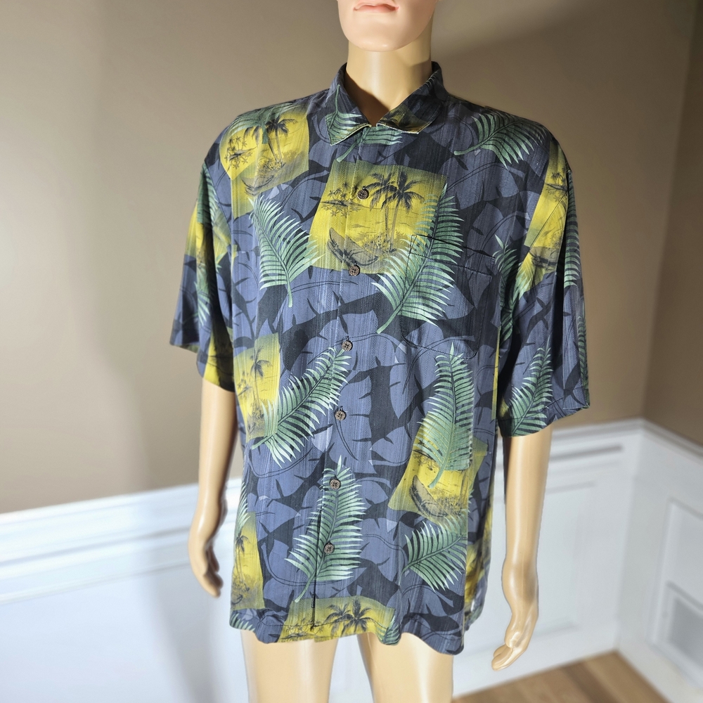 100% Silk Tommy Bahama Gray and Yellow Tropical Print Shirt